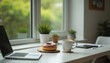 © Maryna - Laptop and coffee sit on white table next to glazed donut and potted plants near window. Soft light streams in, creating calm atmosphere for work or relaxation. Background shows green trees.