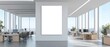 © BloomArt - Modern open-plan office interior with blank vertical billboard mockup on wall, featuring city skyline views and contemporary design elements