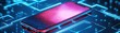 © Sukses - Smartphone Glowing with Pink and Blue Light on Futuristic Circuit Board Background
