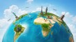 © ArtStage - Global travel concept with famous landmarks and airplanes flying around the world