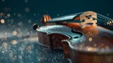 Violin or cello scroll and pegbox of a string instrument. Music studio texture bowed string instrument. Violin scroll and neck, scroll and pegbox of a violin, viola on blur bokeh dark background 