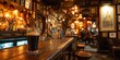 © MNStudio - Cozy Irish pub interior with wooden bar, amber light, rows of whisky bottles, and a pint of dark stout on the counter, people chatting behind.