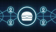 © photostockatinat - Networking the Burger: A digital illustration depicts a centralized food ordering and delivery service, with a burger at the core. The graphic illustrates the interconnectedness of online users