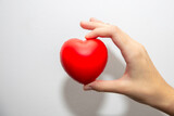Czerwone serduszko trzymane w dłoniach dziewczyny na białym tle