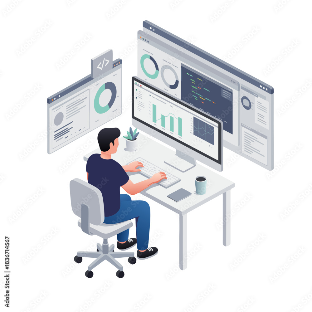 Programmer Coding At Desk With Multiple Monitors Displaying Graphs And ...