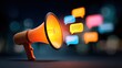 © Ramli - Orange megaphone blasts colorful speech bubbles, symbolizing communication and announcements
