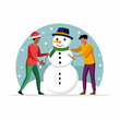 © Creative_Tech - Cheerful friends building a festive snowman together, symbolizing winter fun, holiday spirit, and seasonal outdoor activities