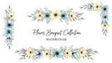 Watercolor flower bouquet collection with blue and yellow anemone blossom arrangement isolated on white background