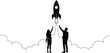 © Silent Soul - Rocket launch icon vector—black silhouette of two people pointing at liftoff for ambition, teamwork, and innovation-themed visuals