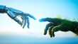 © youns - Concepto abstracto de naturaleza y tecnología, mano robótica y mano natural cubiertas de hierba que se acercan entre sí, unión tecnológica y natural, cooperación, representación 3d