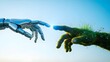 © youns - Concepto abstracto de naturaleza y tecnología, mano robótica y mano natural cubiertas de hierba que se acercan entre sí, unión tecnológica y natural, cooperación, representación 3d