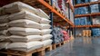 © Juan - Bulk stacked white flour bags in warehouse storage for logistics delivery product branding packaging industrial composition supply scene