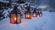 © Nikolay_md - Red lanterns glow warmly in a snowy landscape, creating a striking contrast between winter calm and festive Chinese New Year energy in a serene, people-free outdoor setting.