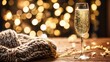 © LU - dcf. A champagne flute with golden bubbles on a wooden table beside a cozy blanket and festive confetti. bar promotions, beverage menus, designed for food & beverage menus and cafe branding.