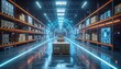© Asep - Bright, futuristic warehouse interior with rows of stacked boxes, lit by blue neon accents and a large light source