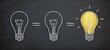 © yalli - Idea equation two drawn lightbulbs equal one illuminated lightbulb, on a blackboard-like surface