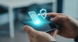 © Budi - Smartphone device with biometric fingerprint scan and digital security shield icon for safe user access authentication and mobile data privacy protection system