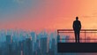 © e_zeynall1 - A silhouetted figure of a businessman stands on a rooftop, overlooking a cityscape, set against a stunning sunset sky. The image evokes feelings of ambition, contemplation, and leadership.