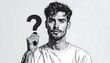 © sarengat - A sketched portrait of a young, bearded man holding a question mark with a serious expression, rendered in grayscale