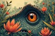 © Vadym - Huge dinosaur eye looks through vibrant jungle plants. Scaly green skin, sharp teeth peek from wild forest. Prehistoric reptile watches from ancient nature. Scary monster lurks among tropical