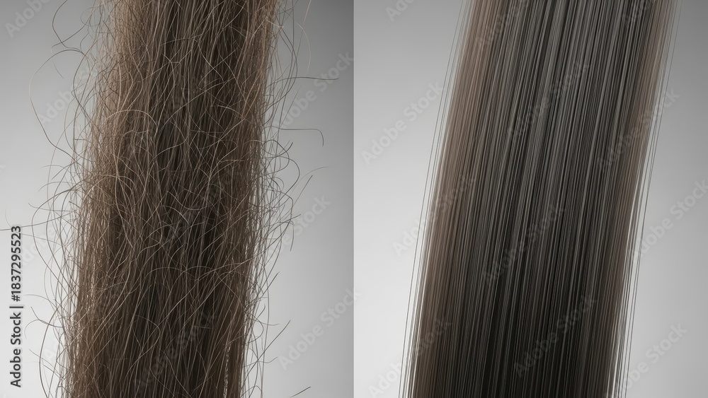 Side-by-side comparison of frizzy versus smooth hair strands