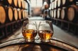 © mehaniq41 - Glass filled with golden whiskey on barrel in rustic distillery. Warm lighting highlights amber tones, creating cozy atmosphere. Blurred barrels in background. Neural network AI generated