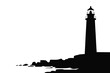 © MahediIslam - Black silhouette of a tall lighthouse on a rocky coastline against a white background Keywords: lighthouse, resilient architecture silhouette