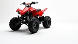 Red quad bike stands on white. All terrain vehicle is isolated. Motorbike with four wheels is new. Extreme adventure transport vehicle is clean.