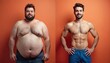 © Vadym - Man shows before and after weight loss transformation. Chubby male becomes fit athlete with muscular body. Dieting results, healthy nutrition, exercise success, body shape change.