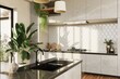© Christiniush - Visualization. 3d render of a modern kitchen with marble countertops, pendant lighting, and lush green plants. Bright, clean design with natural light and sleek kitchenware, ideal for contemporary int