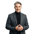© MstShilpi12 - Professional caucasian male executive with silver hair wearing a dark suit and black turtleneck smiling confidently isolated on transparent background