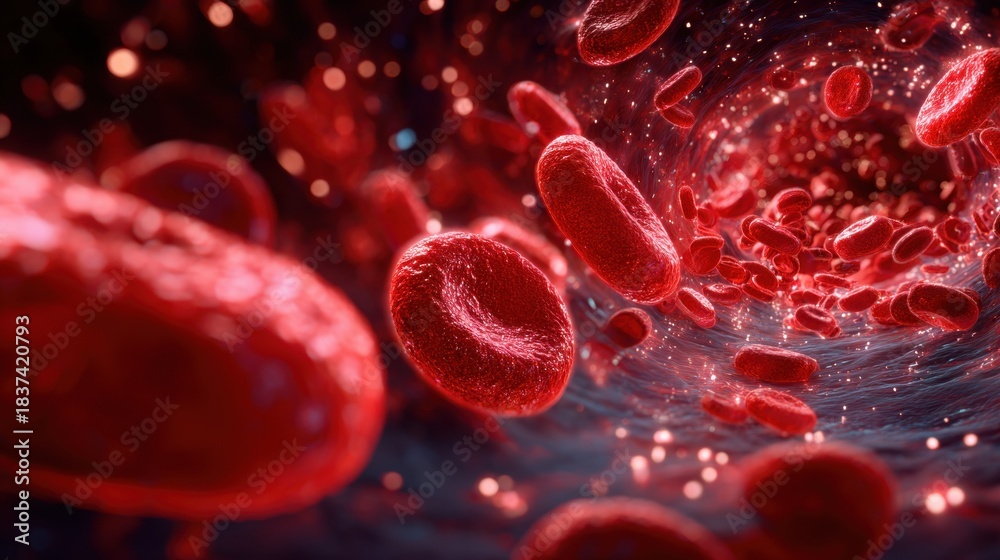 AI generated image of red blood cells stream inside a blood vessel with ...