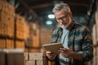 © Vitalii Shkurko - Man Discusses Brick Order With Client in Warehouse While Using Tablet Among Stacks of Bricks in Industrial Setting