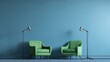 © Jannik - Two green chairs and microphones blue podcast studio room