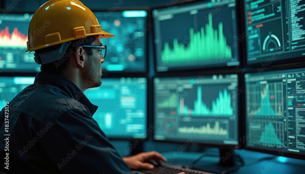 Industrial engineer controls tech system in command center. Man wears ...