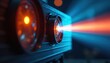 © Pete - Close up photo of operating projector. Bright light beams from the lens. Tech device creates vivid projection. Artistic shot captures light performance in action