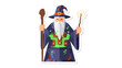 © Crut - Wise Old Wizard Character with Long White Beard and Magic Wand Brewing Potion in Cauldron Wearing Tall Pointed Hat and Robes in Flat Design Style