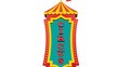 © Roy - Brightly Colored Vertical Circus Tent Sign with Red Yellow and Teal Accents Illuminated and Festive Overhead Canopy Displaying the Word Circus in Decorative Letters