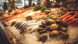 A vibrant seafood display showcases an array of fresh catches on ice, including fish, shellfish, and crustaceans, in a market setting