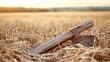© Kuma - flail. An old, worn flail discarded in a wheat field with textured wood and leather. safety posters, maintenance manuals, designed for precision metalworking and fabrication facilities.
