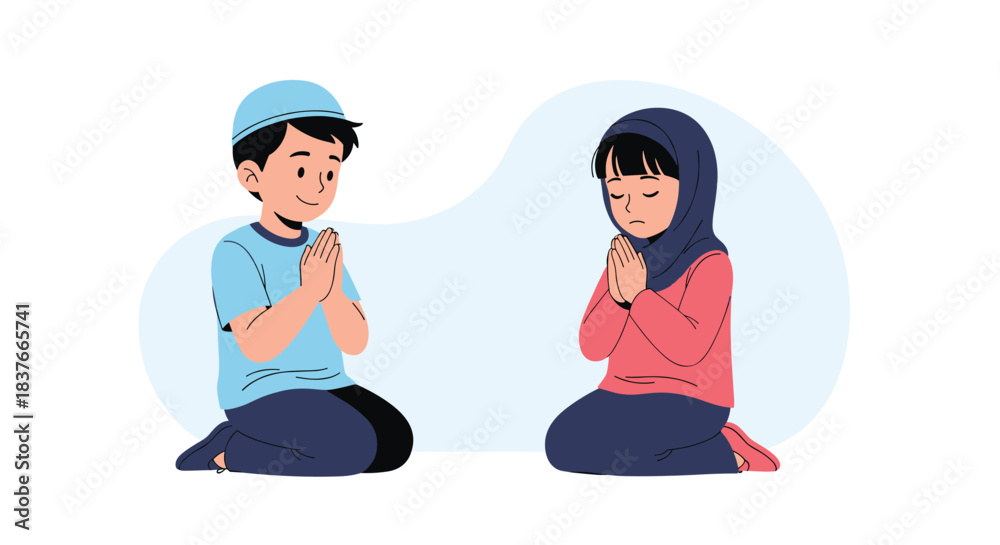 Muslim boy and girl kneeling and praying with their hands together in a ...