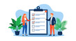 © Crushin - Professional business people reviewing and completing tasks on a large digital checklist. Modern flat vector illustration depicting project management, goal achievement, and successful assessment