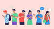 © Crushin - Group of diverse people engrossed in their smartphones with chat bubbles, a modern flat vector illustration of digital communication and social networking