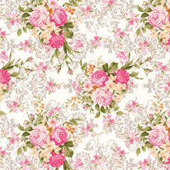  Romantic Pink Rose Floral Print with Damask Accents