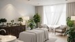 © Dece Std - Serene spa room with massage table, plants, chairs, and a sink against a window