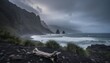 © Graphic Genius - Dramatic rugged black sand beach coastline with towering cliffs and crashing waves under a moody, overcast sky, featuring a piece of driftwood in the foreground