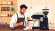 © Click - Illustration of a barista with beard wearing apron making latte art using espresso machine in a coffee shop.
