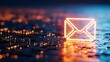 © ALAUDDIN - Bright glowing email envelope symbol on a futuristic circuit board background depicting digital communication