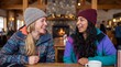 © Николай Срибяник - Two cheerful diverse female friends in winter jackets and beanies laughing and talking together at a table in a cozy rustic ski lodge.