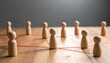 © DreamGrid - Wooden figurines connected by red strings form a network on a flat surface, symbolizing social systems, communication, and organizational relationships through a visual metaphor of interconnected node